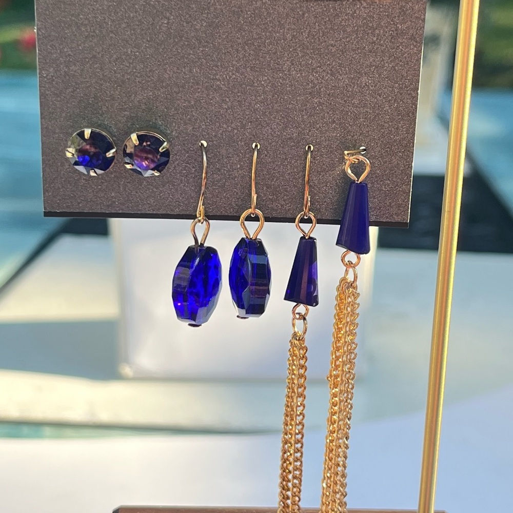 Massini Colbalt Blue and Gold Tone Fringe ,Dangle Stud Earrings